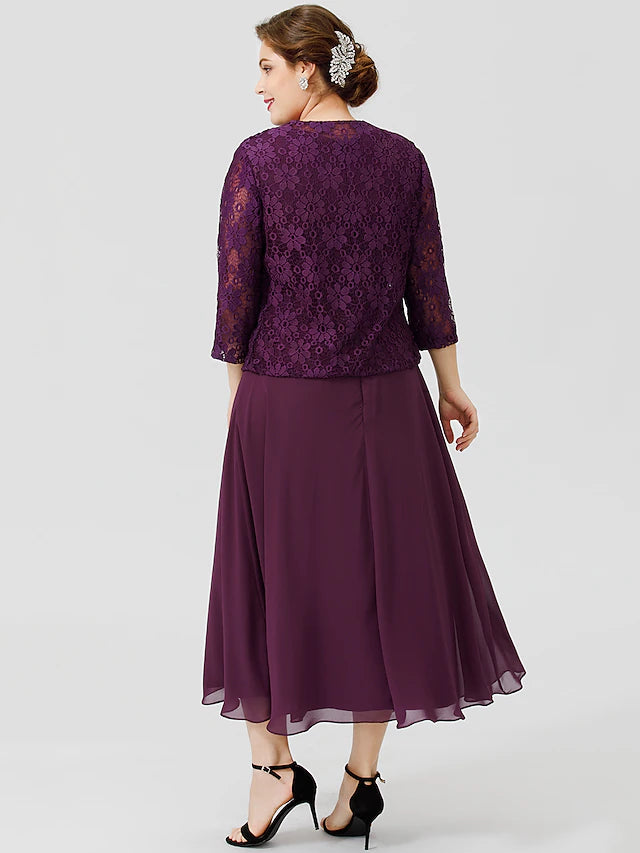 A-Linien-Kleid für die Mutter der Braut, formell, klassisch und zeitlos, elegant und luxuriös, Übergröße, U-Ausschnitt, knielang, Chiffon, geblümte Spitze, ärmellos, ja, mit Schärpe/Bandfalten